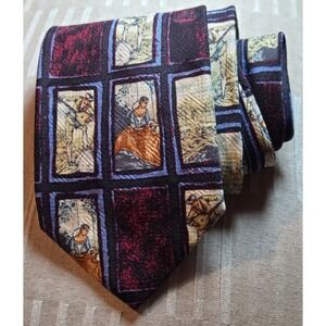PAULO VISARI Mens 100% Silk Necktie Made in Italy Scene Print Burgundy
